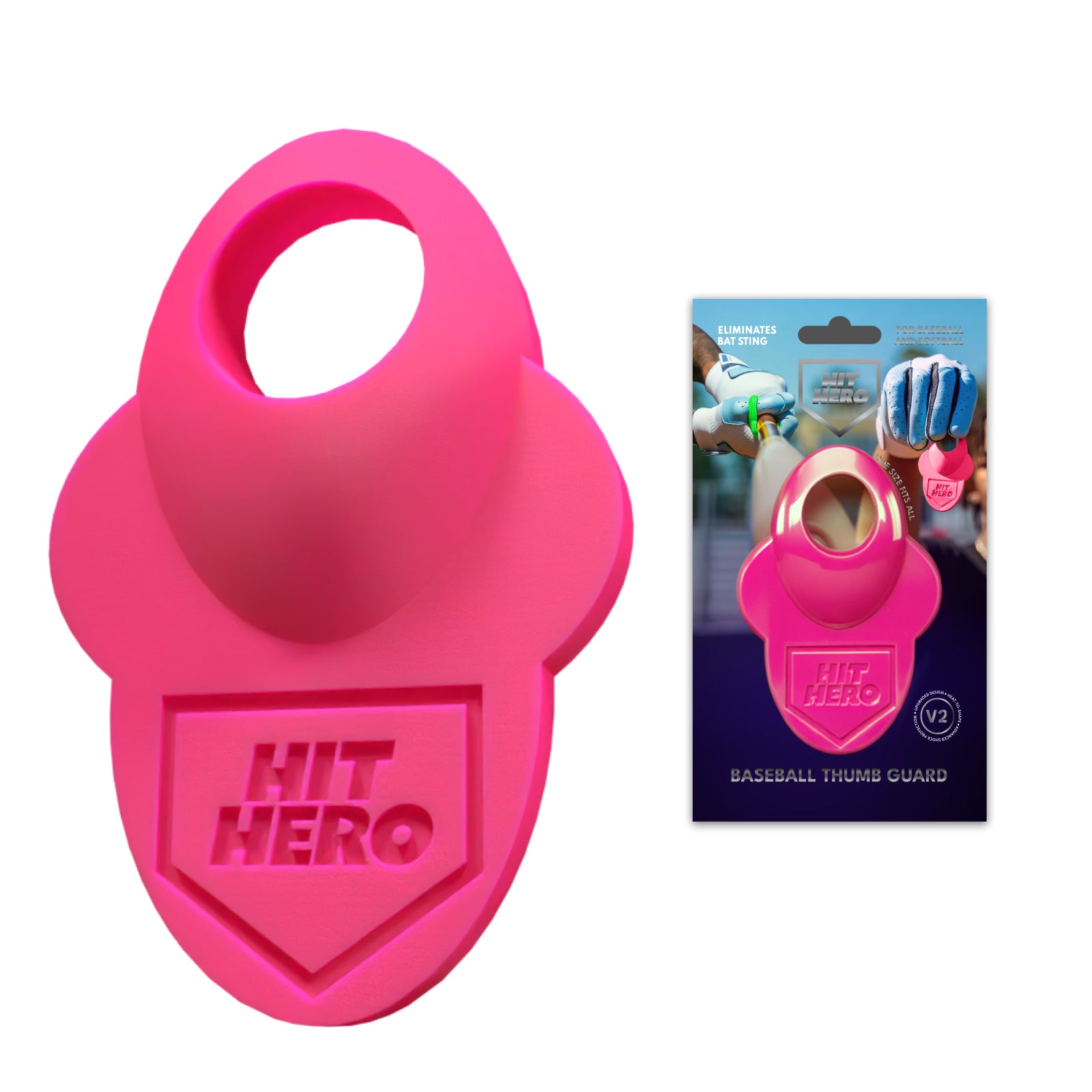 Pink 'Hit Hero' baseball thumb guard with packaging on a white background