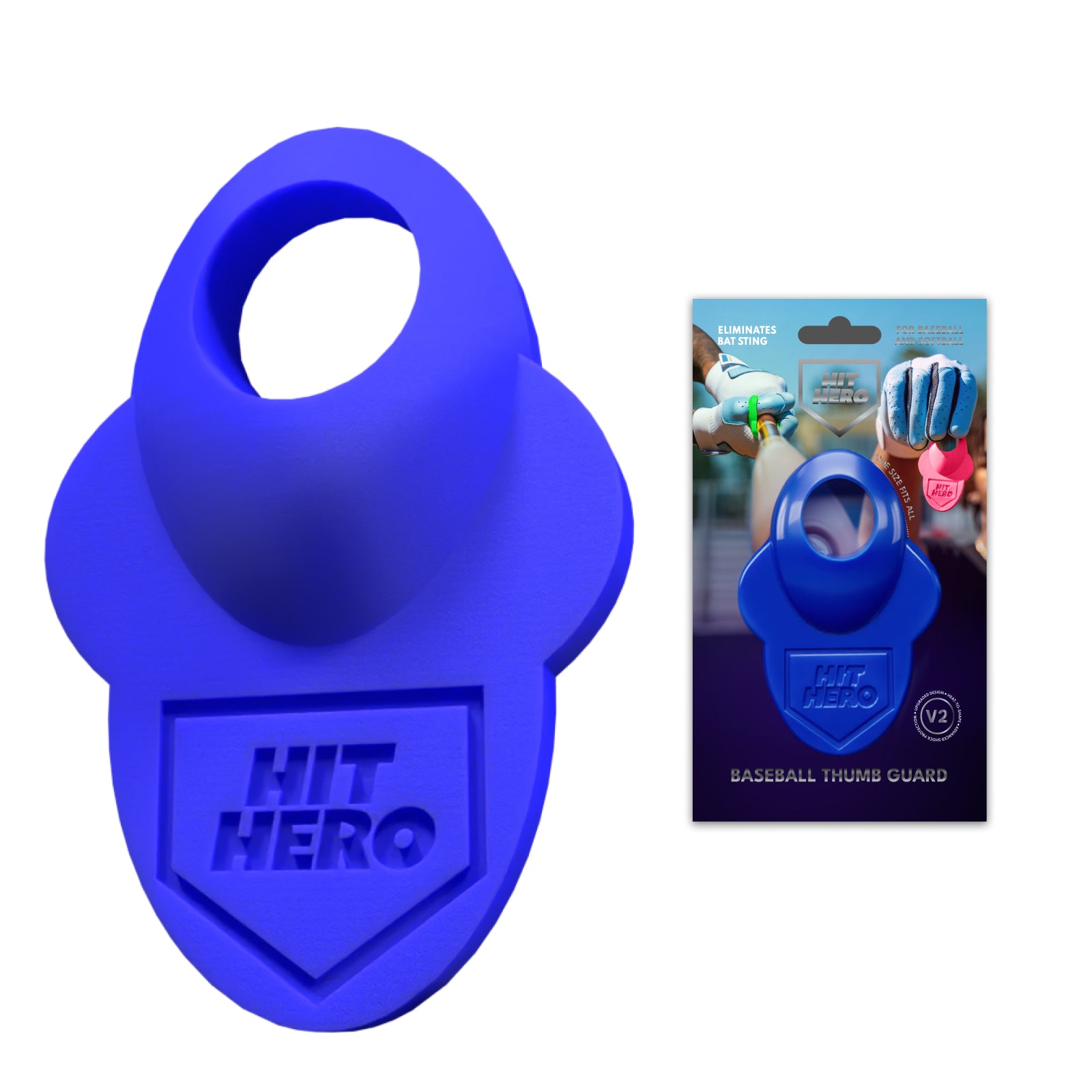 Blue baseball thumb guard with 'Hit Hero' branding on a white background