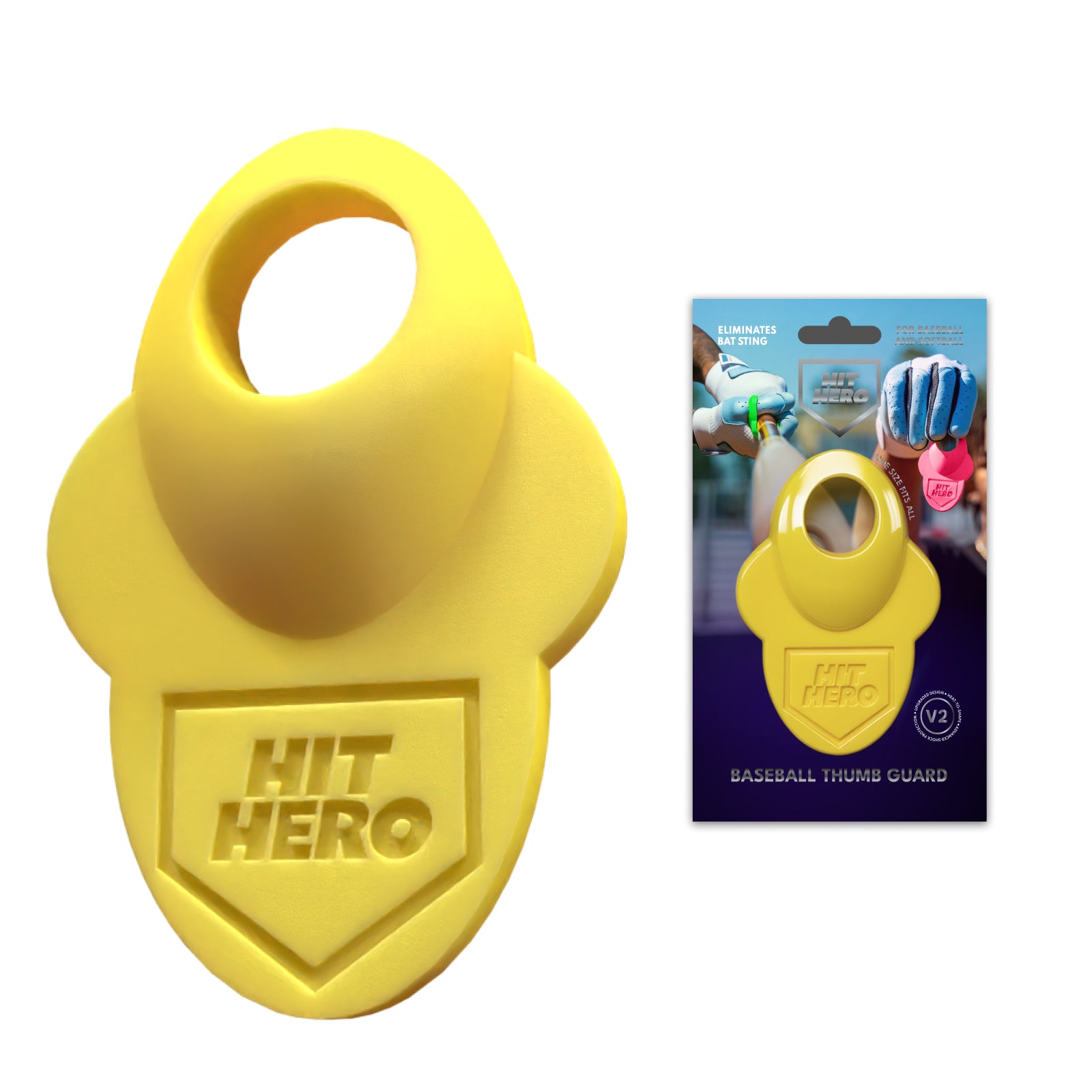 Yellow 'Hit Hero' baseball thumb guard with packaging on a white background