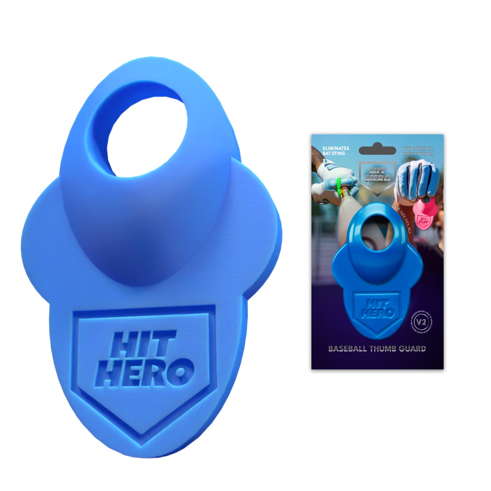 Electric Blue 'Hit Hero' baseball thumb guard with packaging on a white background