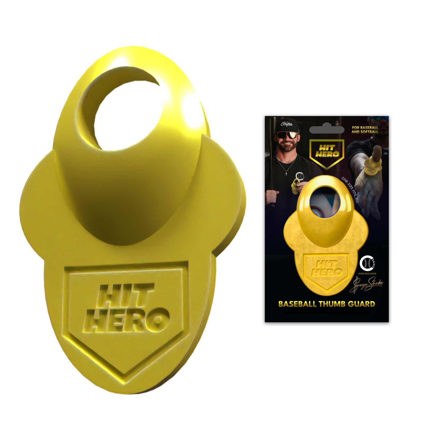 Gold 'Hit Hero' baseball thumb guard with packaging on a white background