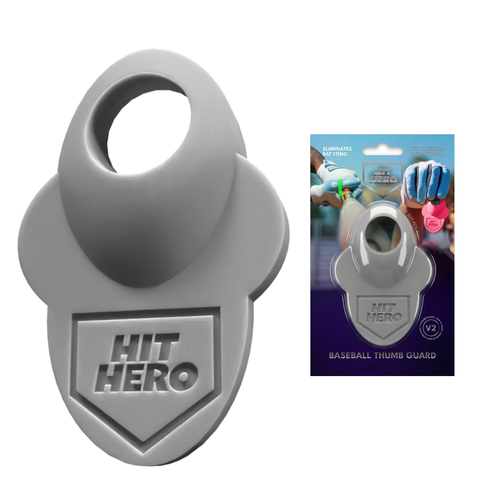 Grey 'Hit Hero' baseball thumb guard with packaging on a white background