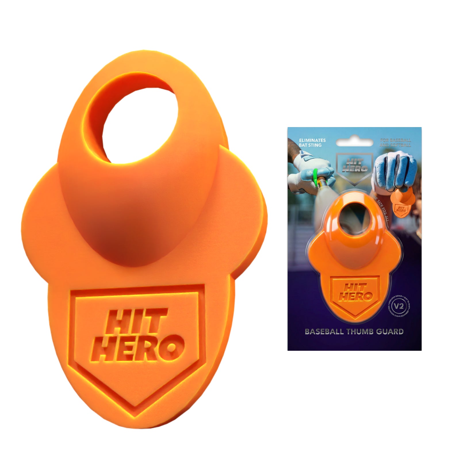 Orange baseball thumb guard with 'Hit Hero' branding on a white background, accompanied by its packaging.