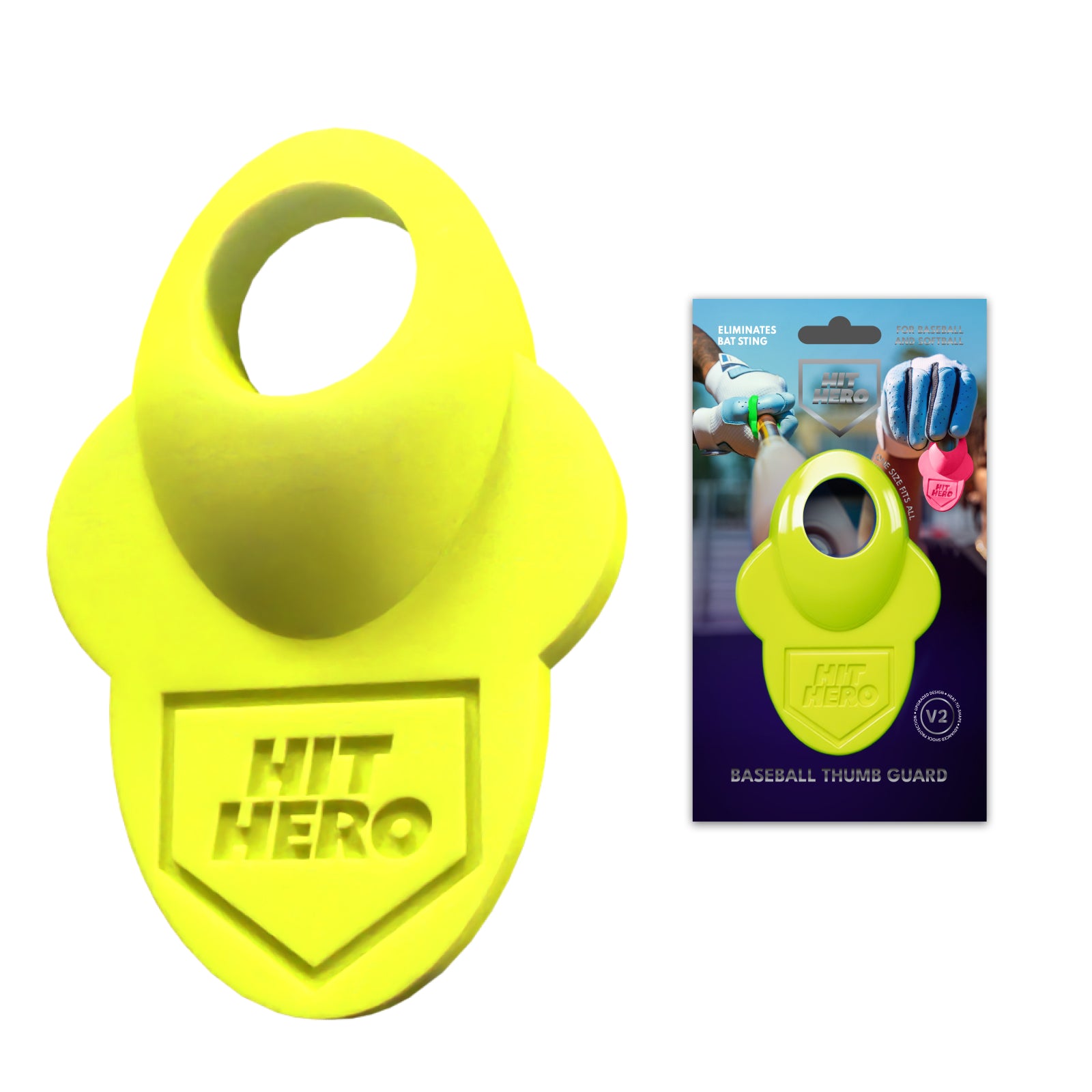 Neon lime 'Hit Hero' baseball thumb guard with packaging on a white background