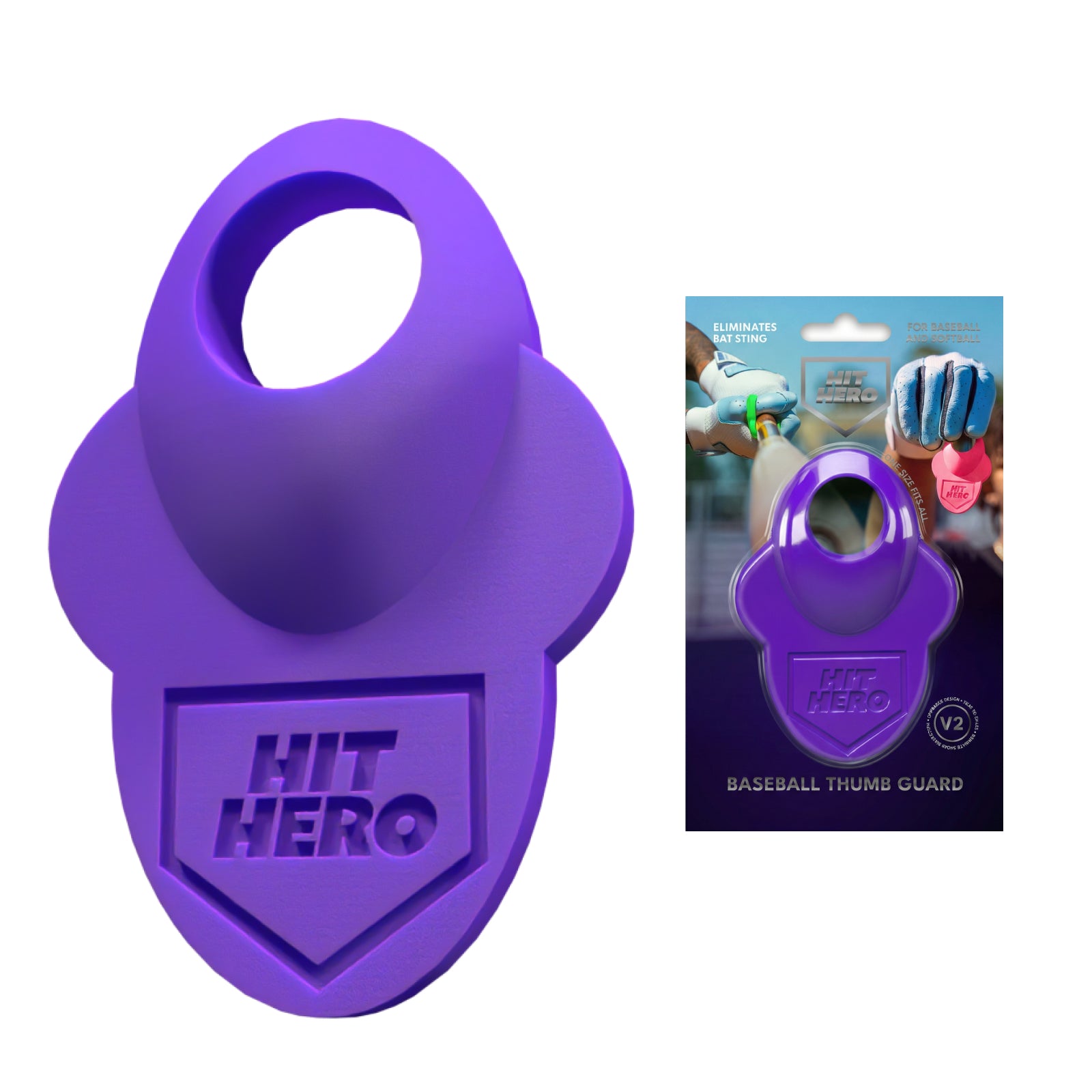 Purple 'Hit Hero' baseball thumb guard with packaging on a white background