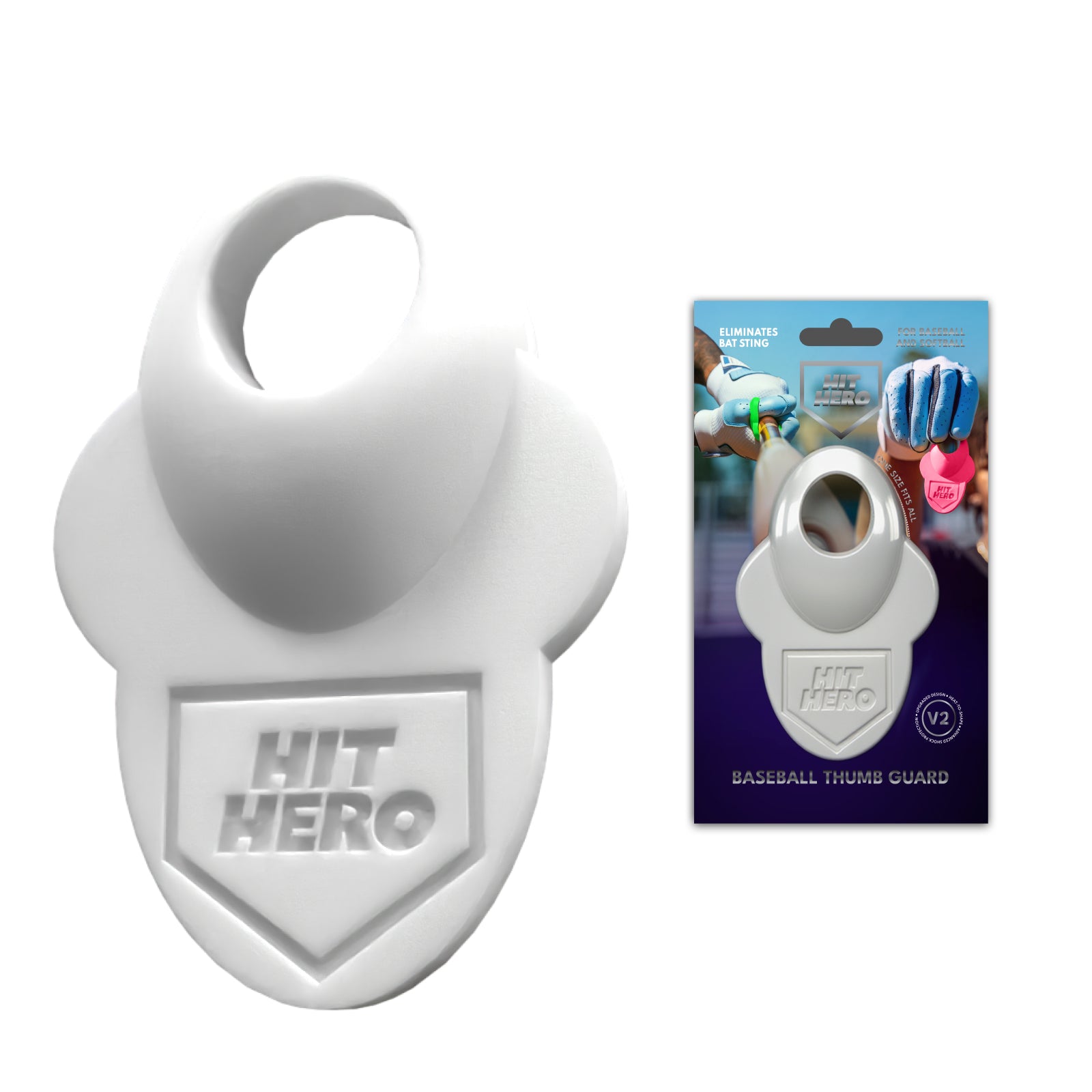 White 'Hit Hero' baseball thumb guard with packaging on a white background